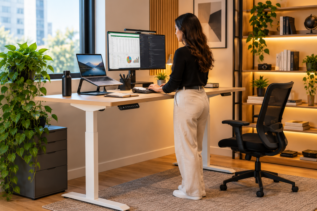Mesa para escritório funcional com altura regulável