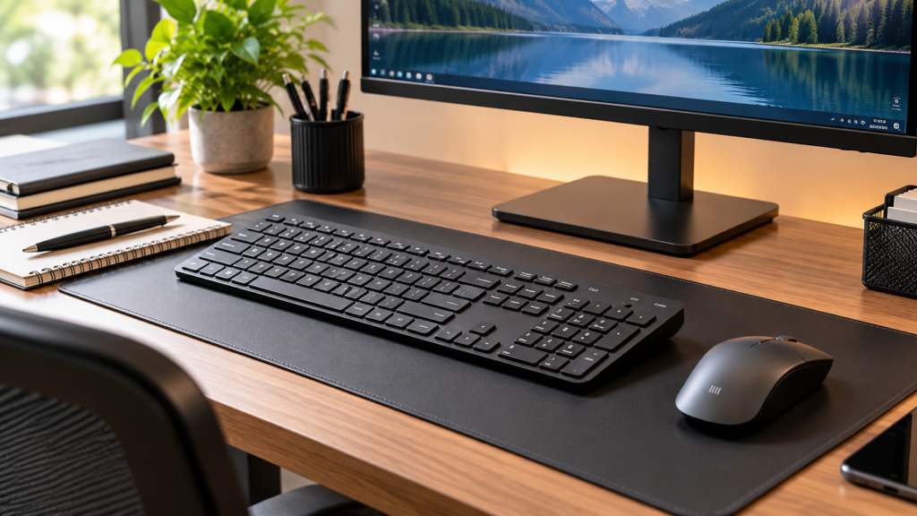 Mouse e teclado sem fio em escritório funcional