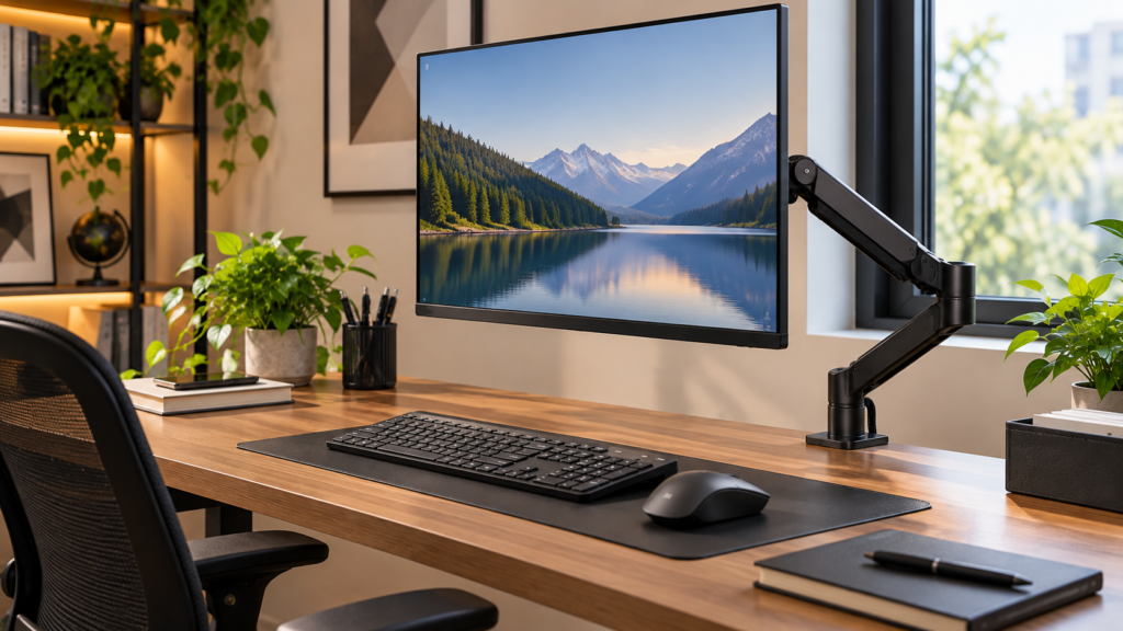 Monitor instalado em suporte articulado sobre a mesa