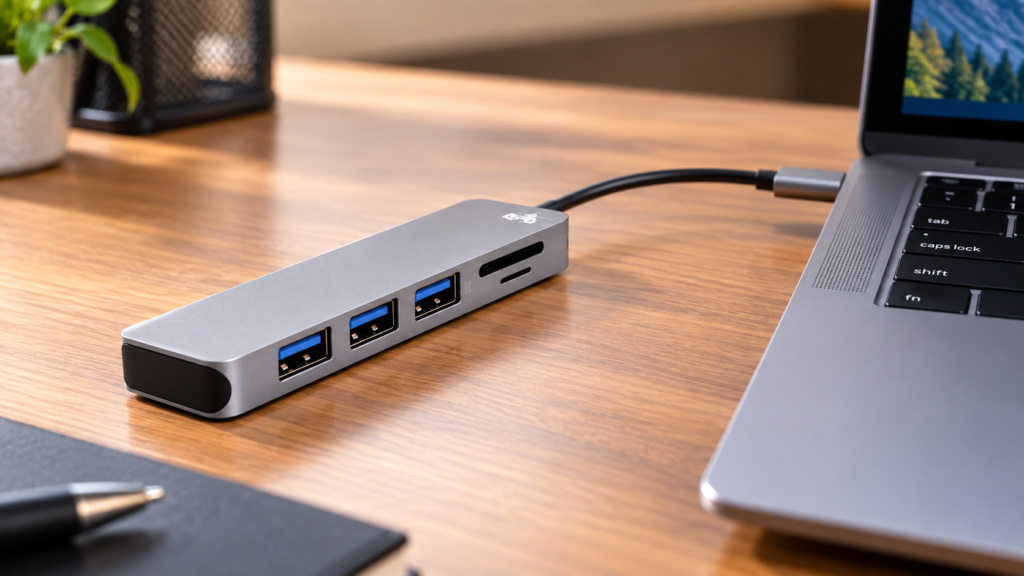 Hub USB-C conectado a notebook com outros acessórios