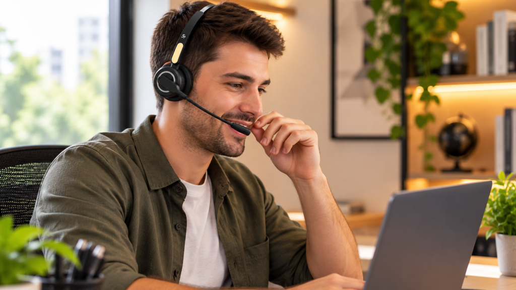 Escritório com headset em uso durante trabalho no computador