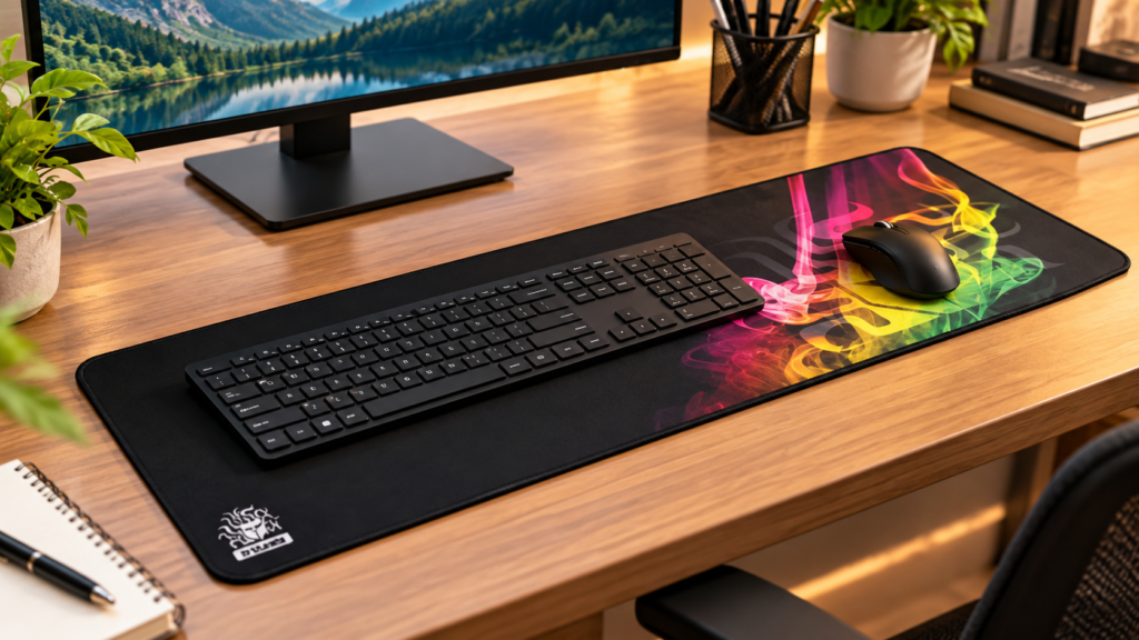 Mousepad grande com teclado e mouse sobre a mesa