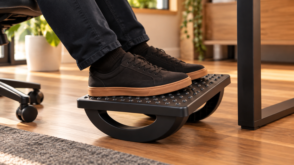 Apoio de pé ergonômico com massageador em estação de trabalho